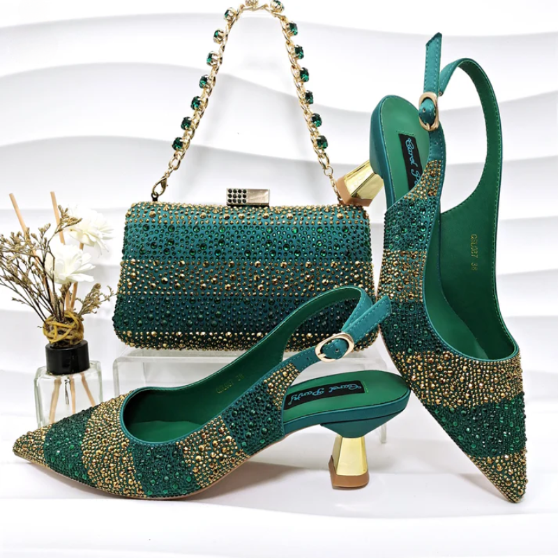 Rhinestone-embellished high heels with a matching sparkling handbag for special occasions