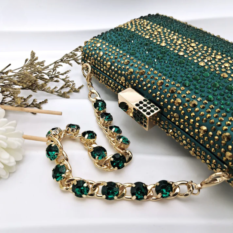 Rhinestone-embellished high heels with a matching sparkling handbag for special occasions