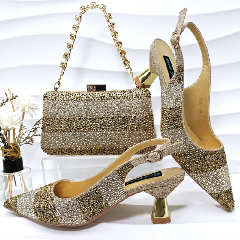 Rhinestone-embellished high heels with a matching sparkling handbag for special occasions