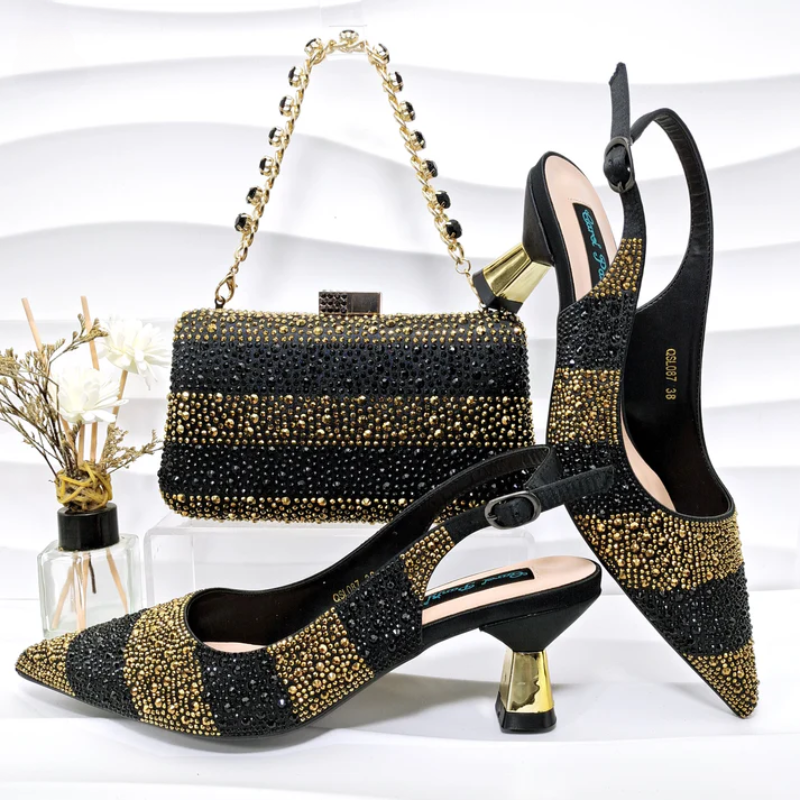Rhinestone-embellished high heels with a matching sparkling handbag for special occasions