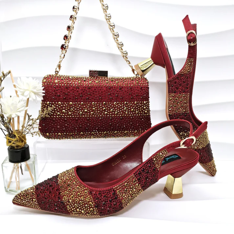 Rhinestone-embellished high heels with a matching sparkling handbag for special occasions