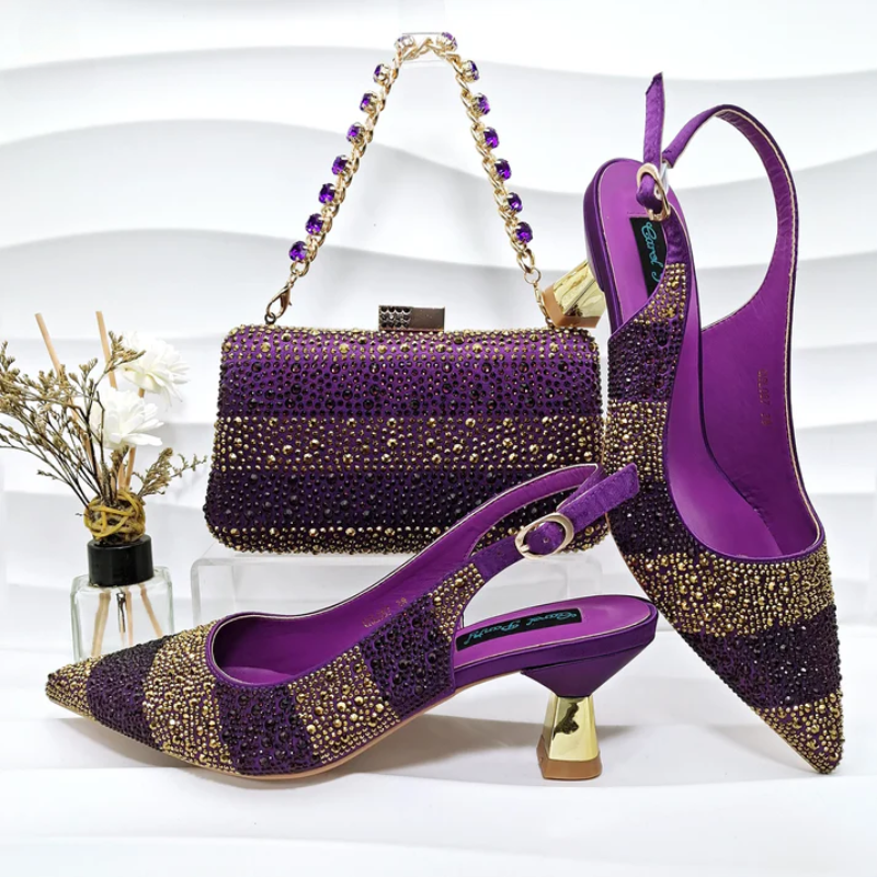 Rhinestone-embellished high heels with a matching sparkling handbag for special occasions