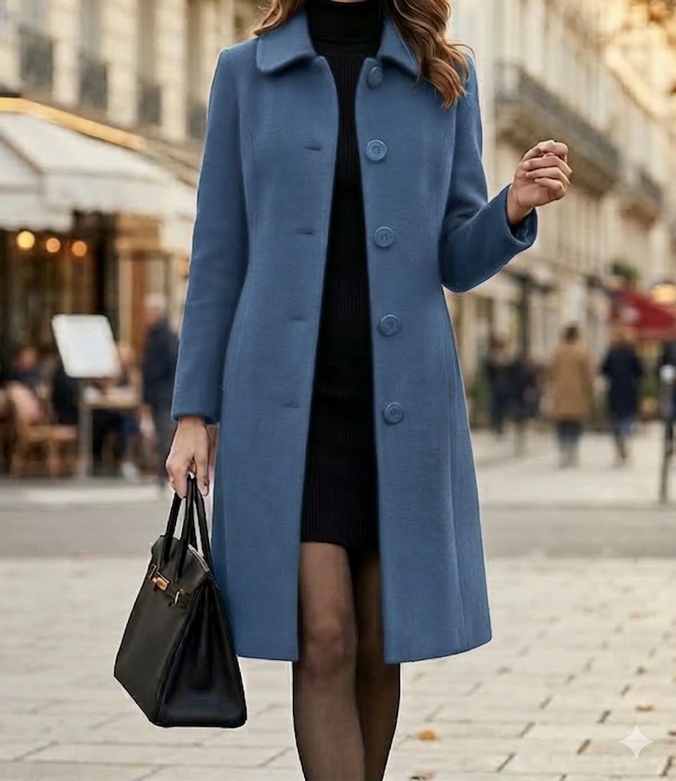 Helena signature tailored coat shown in black, red and blue