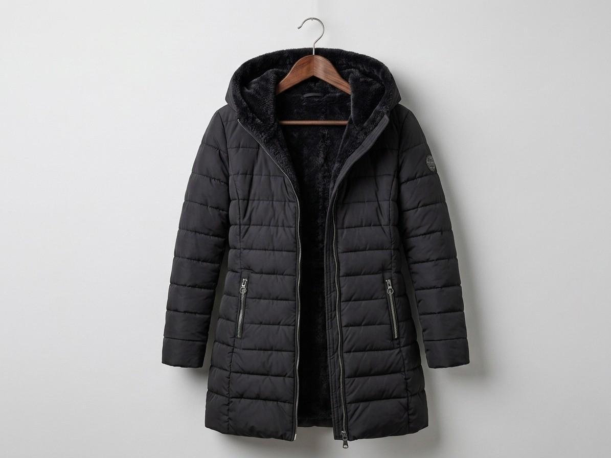 Olivia quilted A-line winter coat with sherpa-lined removable hood in green and black
