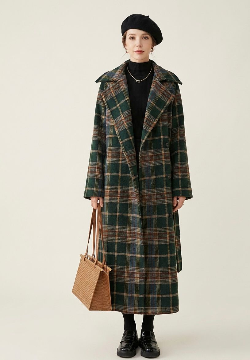 Forest green check longline coat with notch lapels and metallic buttons