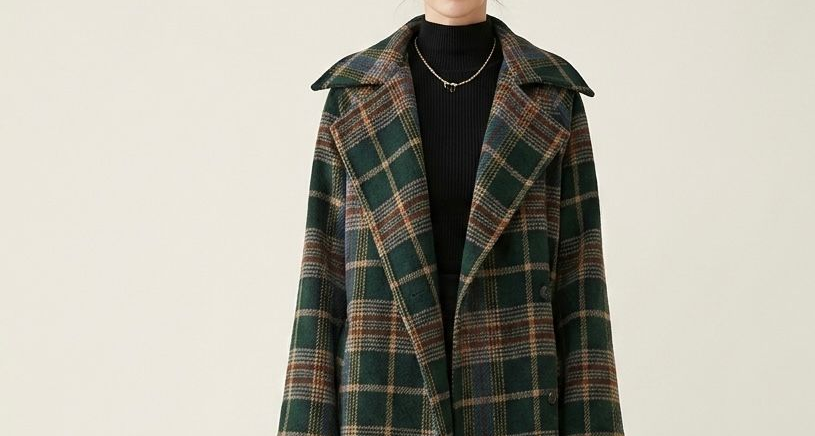 Forest green check longline coat with notch lapels and metallic buttons