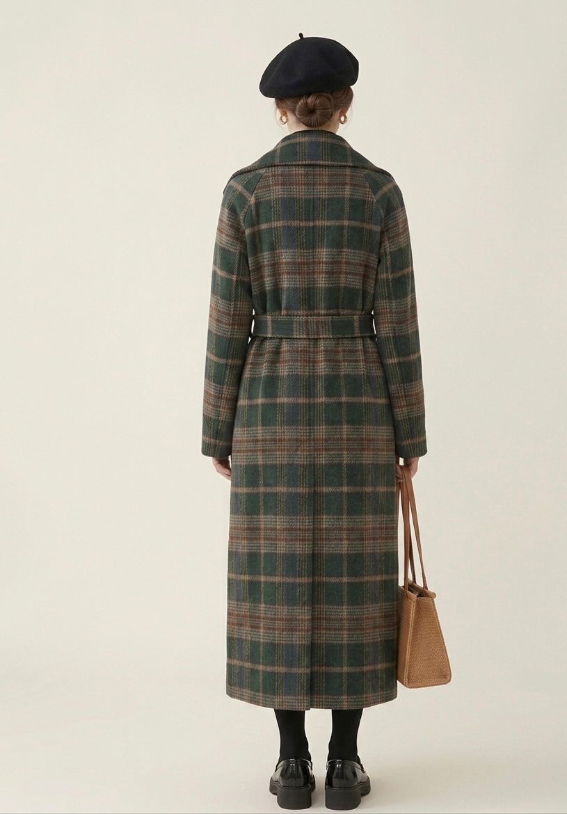 Forest green check longline coat with notch lapels and metallic buttons