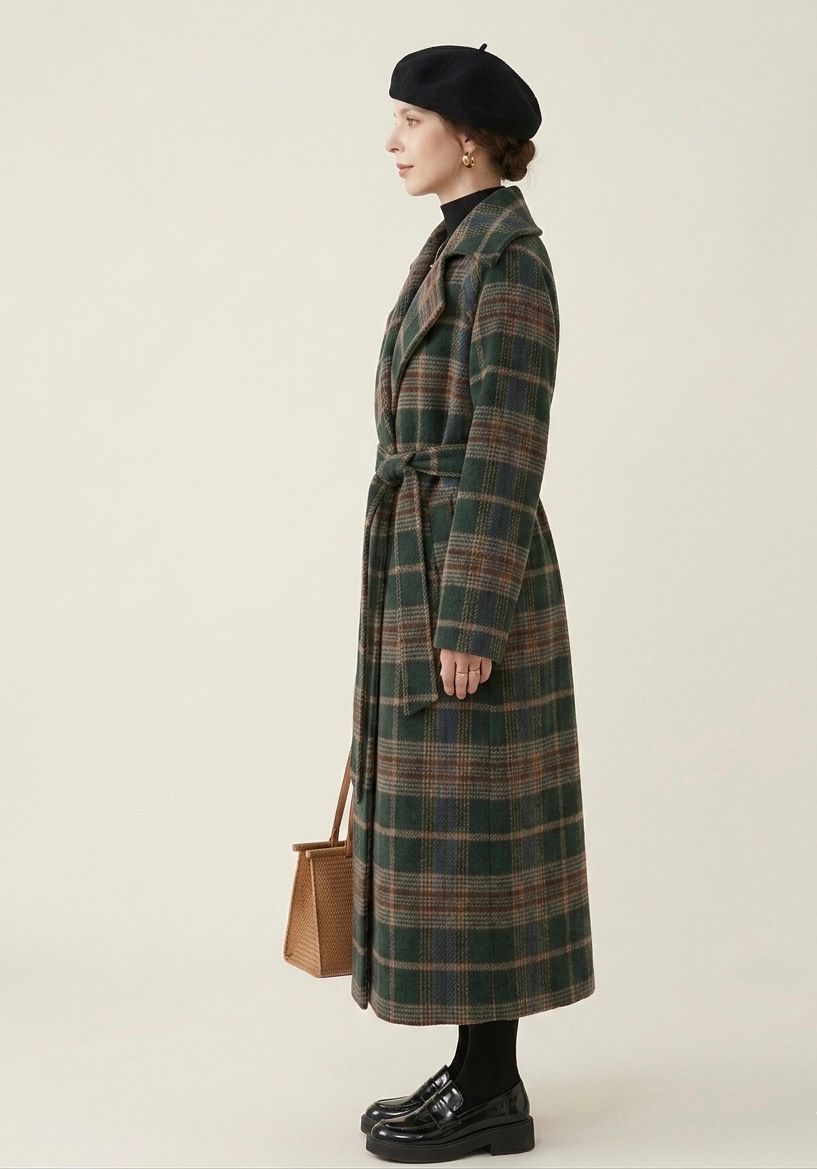 Forest green check longline coat with notch lapels and metallic buttons