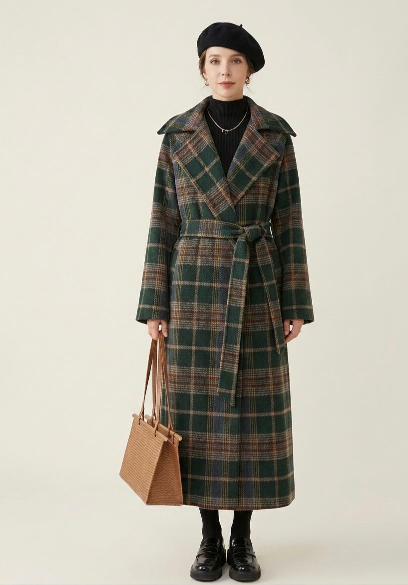 Forest green check longline coat with notch lapels and metallic buttons