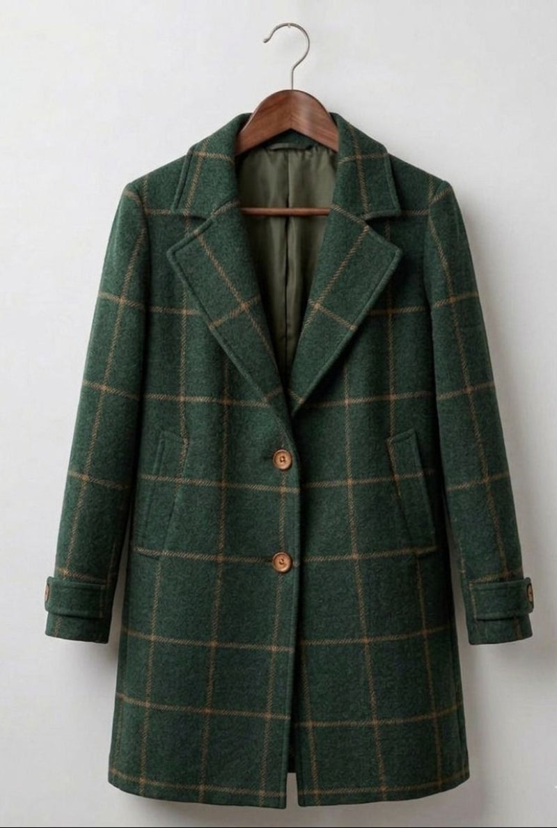 Judith heritage tweed long-line coat with notch lapel and tailored waist in a classic check