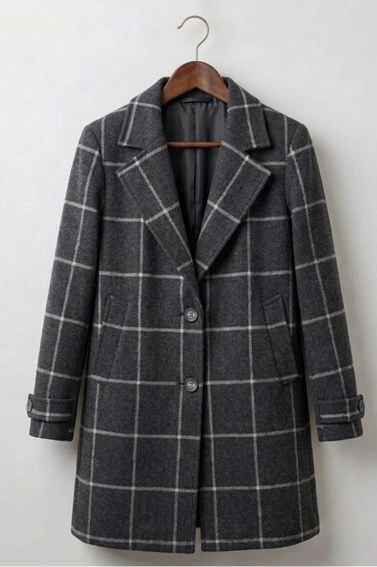 Judith heritage tweed long-line coat with notch lapel and tailored waist in a classic check
