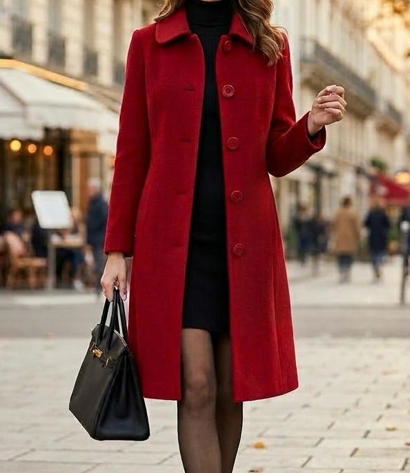 Helena signature tailored coat shown in black, red and blue