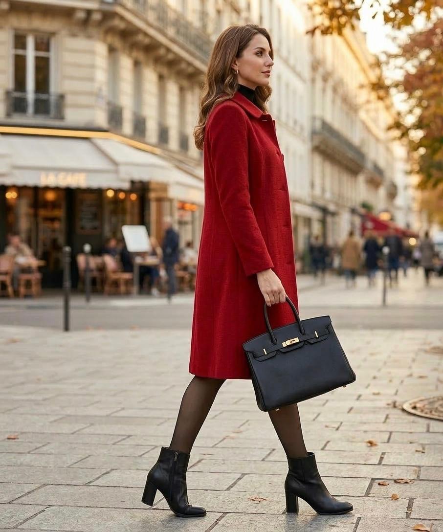 Helena signature tailored coat shown in black, red and blue