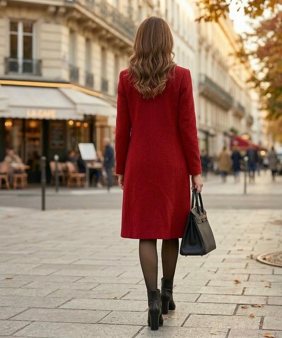 Helena signature tailored coat shown in black, red and blue
