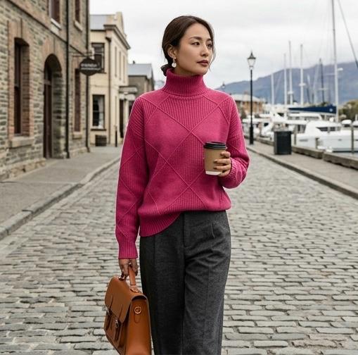 Angela relaxed-fit turtleneck jumper with subtle geometric knit pattern and ribbed cuffs