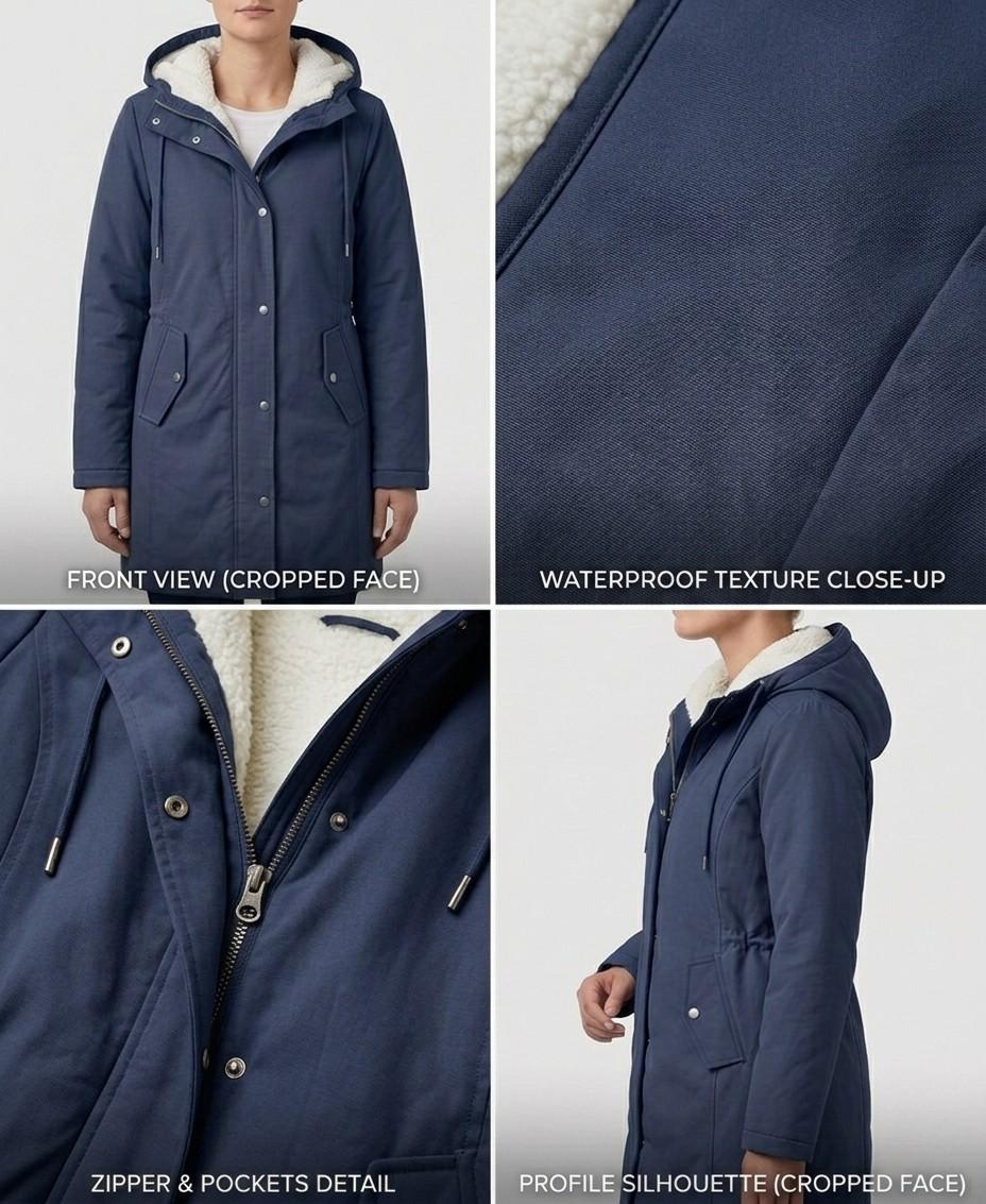 Amélie waterproof fleece-lined long parka with tapered waist, shown in multiple colours