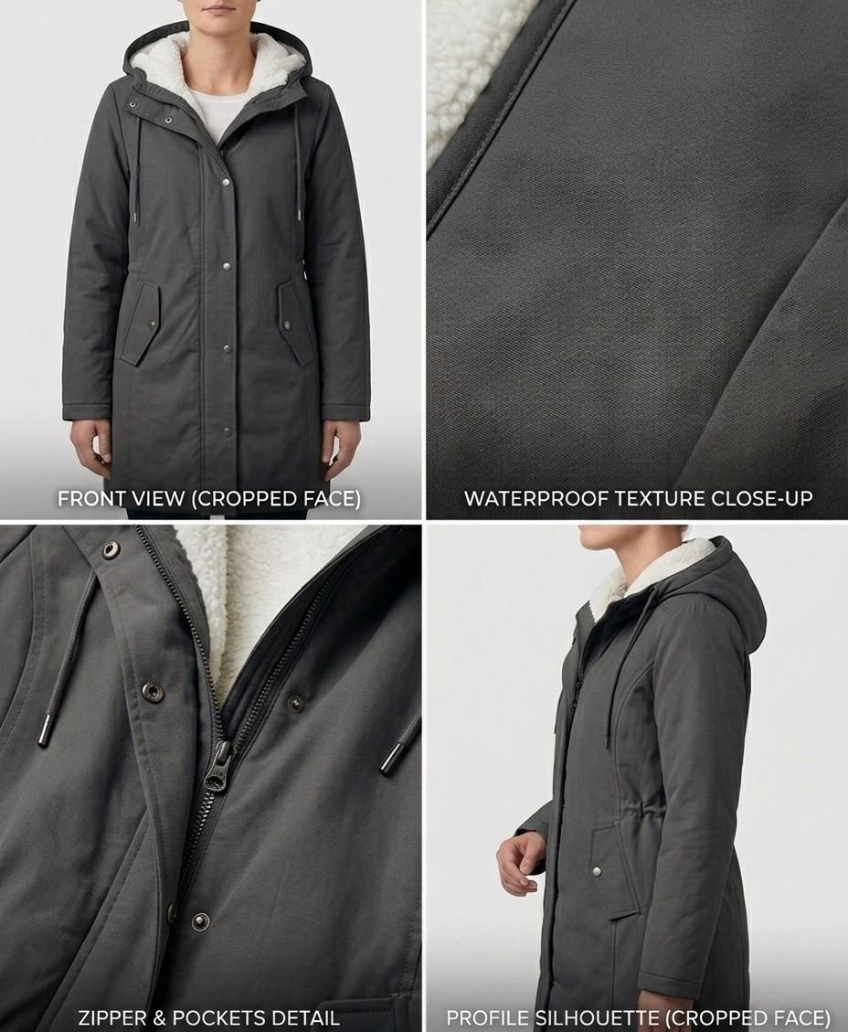 Amélie waterproof fleece-lined long parka with tapered waist, shown in multiple colours
