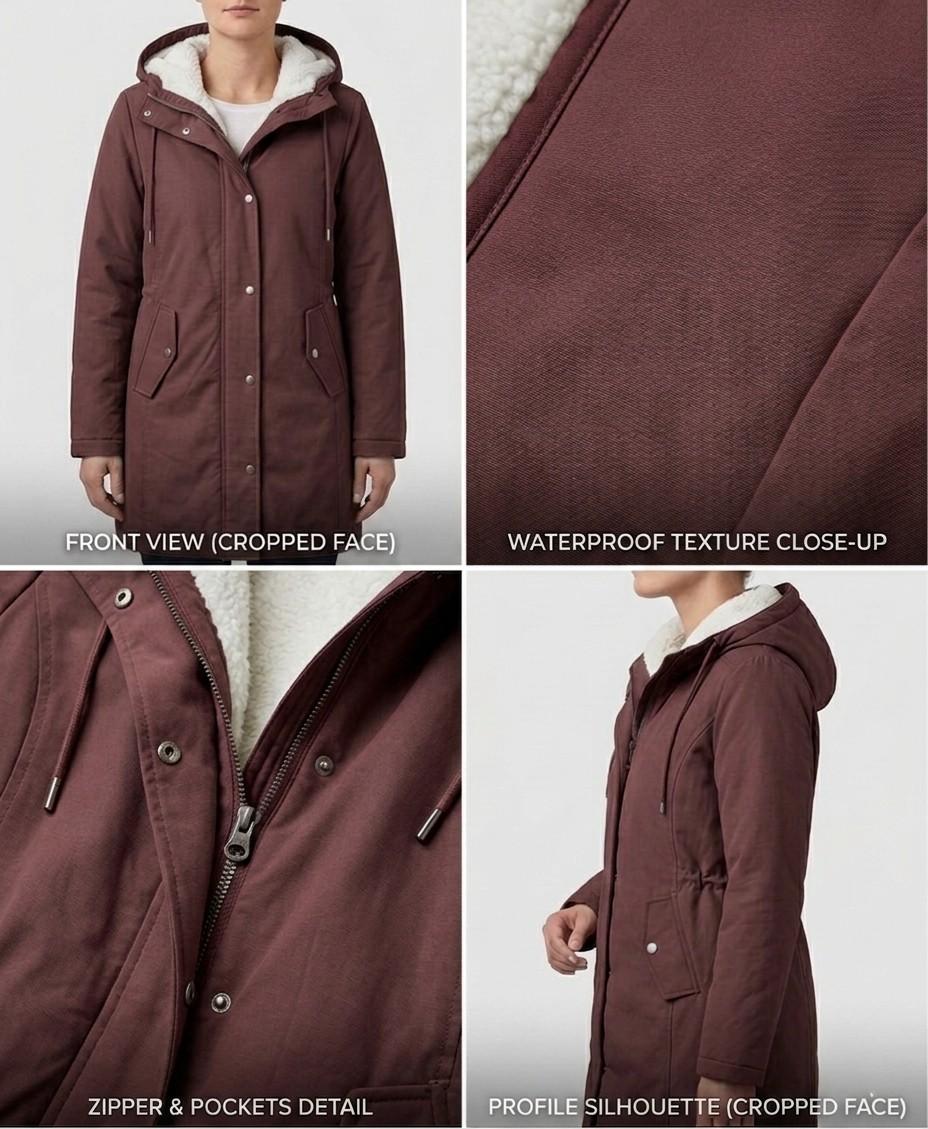 Amélie waterproof fleece-lined long parka with tapered waist, shown in multiple colours
