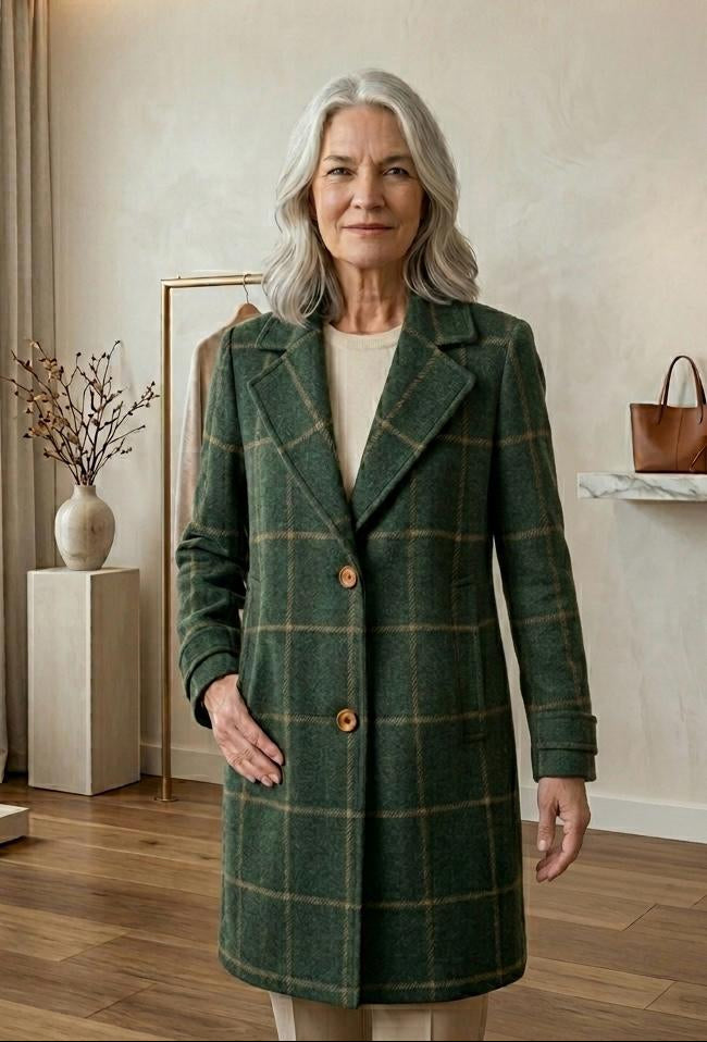 Judith heritage tweed long-line coat with notch lapel and tailored waist in a classic check