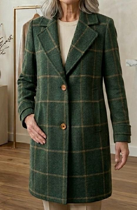 Judith heritage tweed long-line coat with notch lapel and tailored waist in a classic check