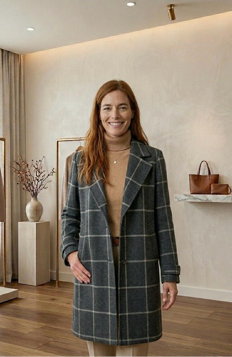 Judith heritage tweed long-line coat with notch lapel and tailored waist in a classic check