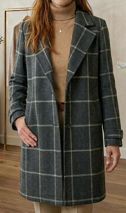 Judith heritage tweed long-line coat with notch lapel and tailored waist in a classic check