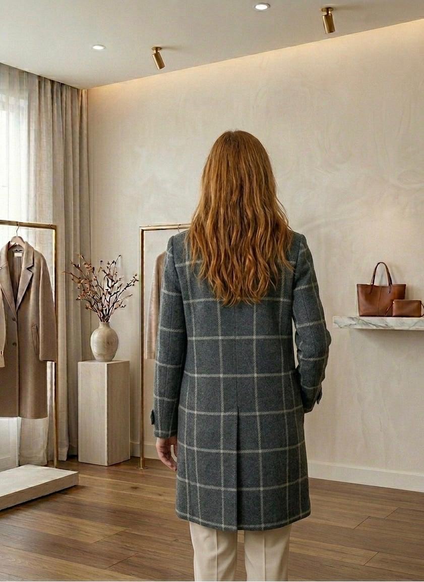 Judith heritage tweed long-line coat with notch lapel and tailored waist in a classic check