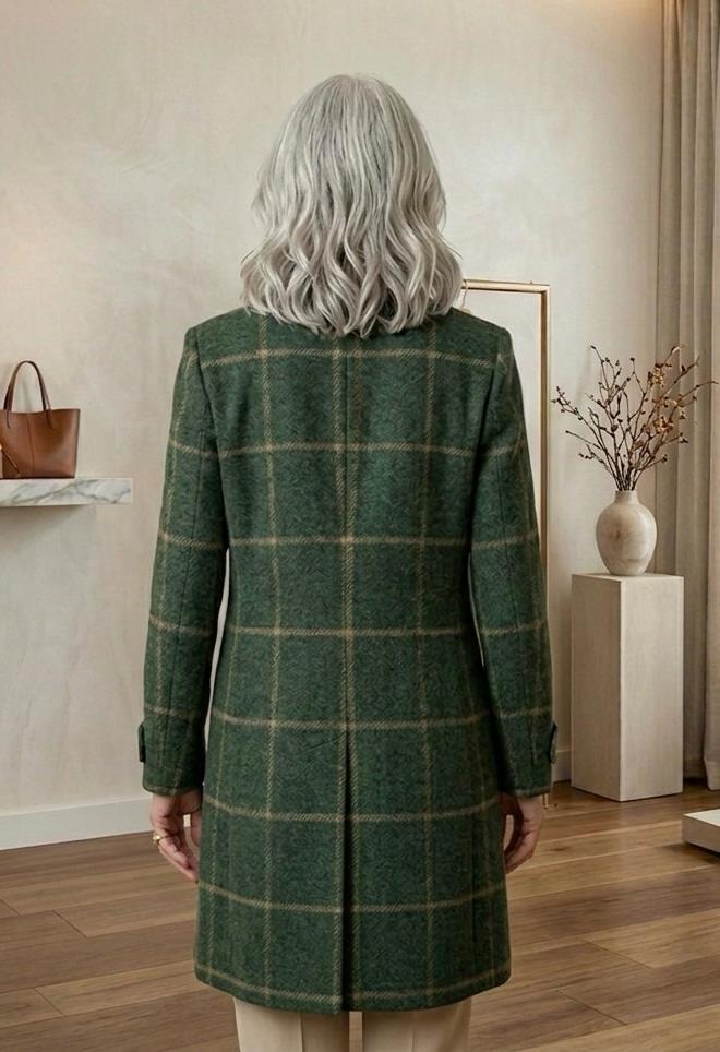 Judith heritage tweed long-line coat with notch lapel and tailored waist in a classic check