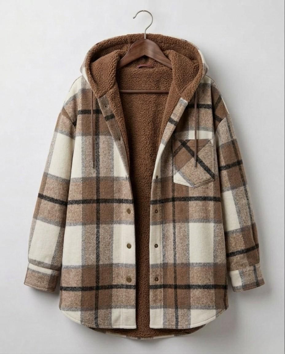 Piper hooded brushed flannel shacket with jersey hood and button chest pockets