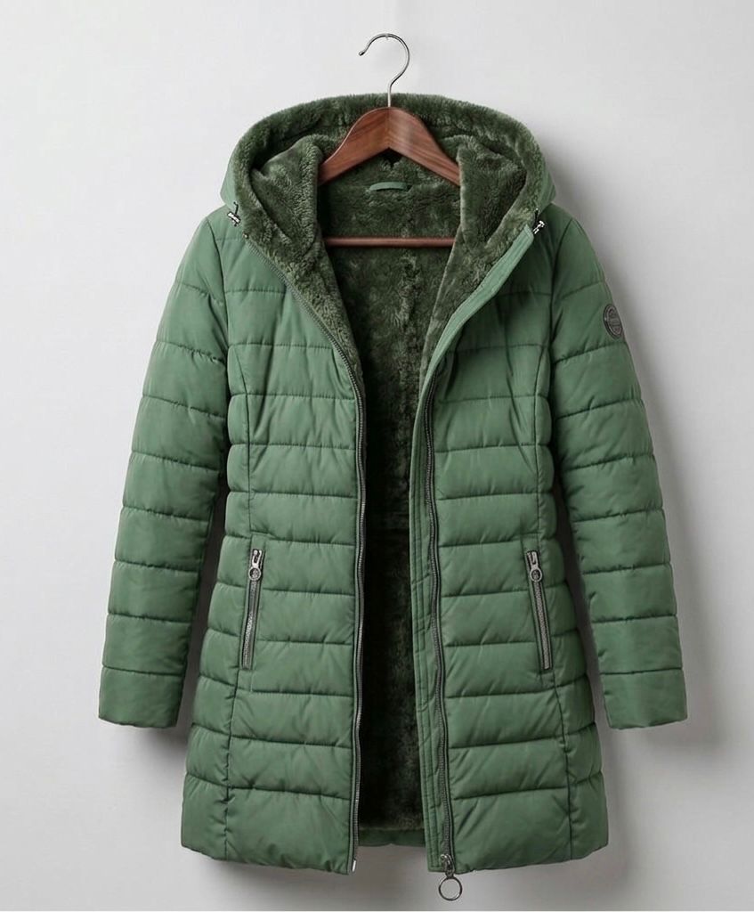Olivia quilted A-line winter coat with sherpa-lined removable hood in green and black