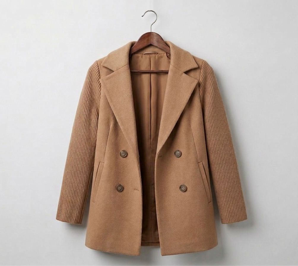 Sasha soft ribbed unstructured blazer coat in a neutral tone with full-length sleeves