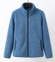 Xara soft teddy fleece jacket with stand collar, contrast piping and relaxed hip-length fit