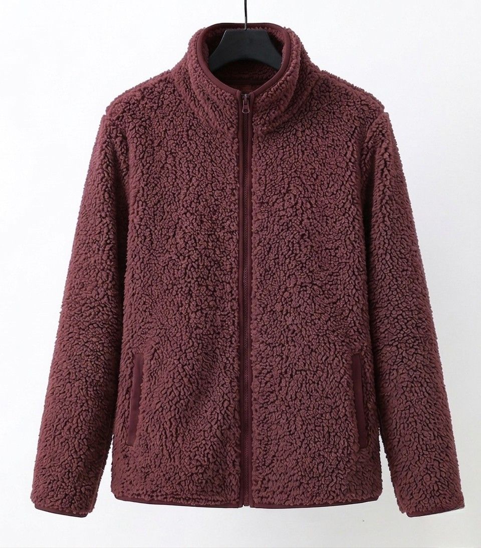 Xara soft teddy fleece jacket with stand collar, contrast piping and relaxed hip-length fit