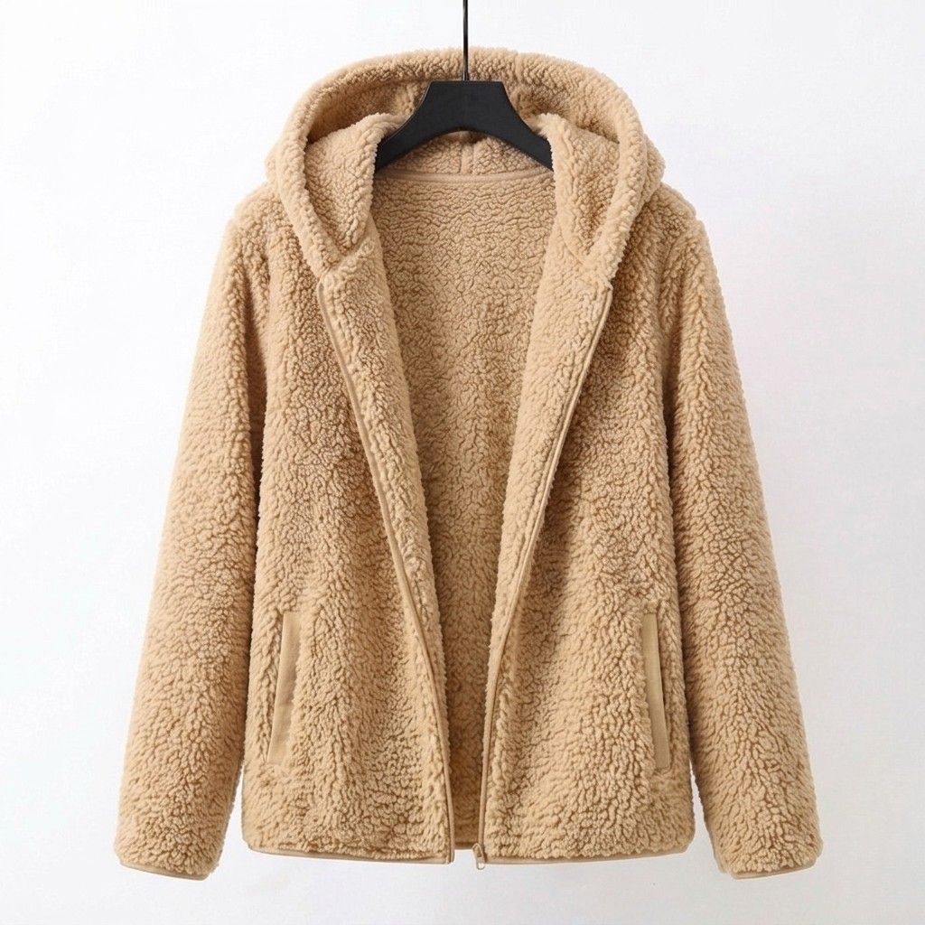 Raina relaxed long-line hooded sherpa fleece coat with front zip and deep pockets