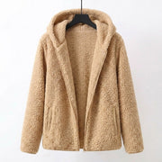 Raina hooded sherpa coat in plush teddy fleece with relaxed long-line fit