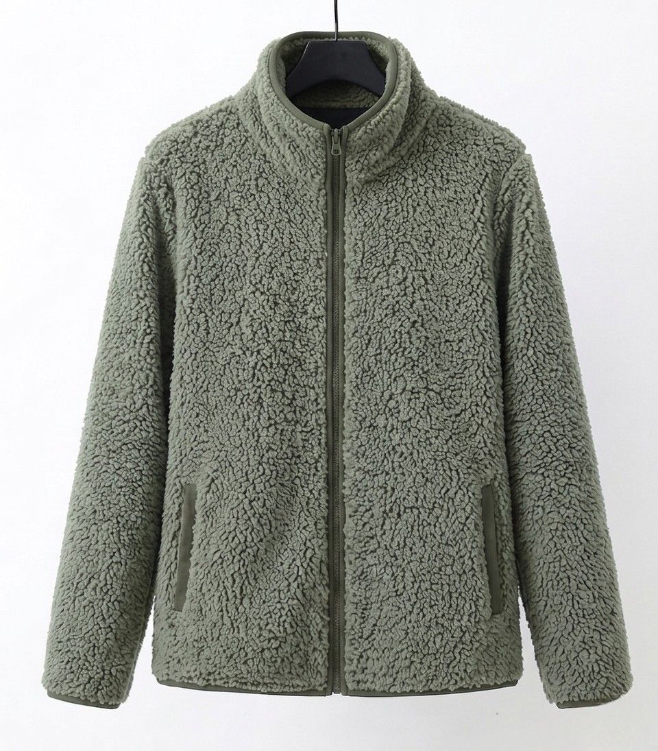 Xara soft teddy fleece jacket with stand collar, contrast piping and relaxed hip-length fit
