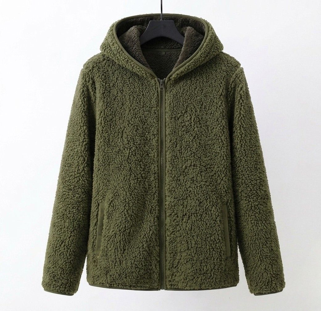 Raina hooded sherpa coat in plush teddy fleece with relaxed long-line fit