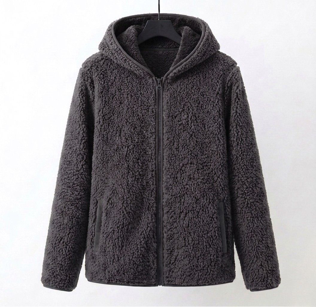 Raina hooded sherpa coat in plush teddy fleece with relaxed long-line fit