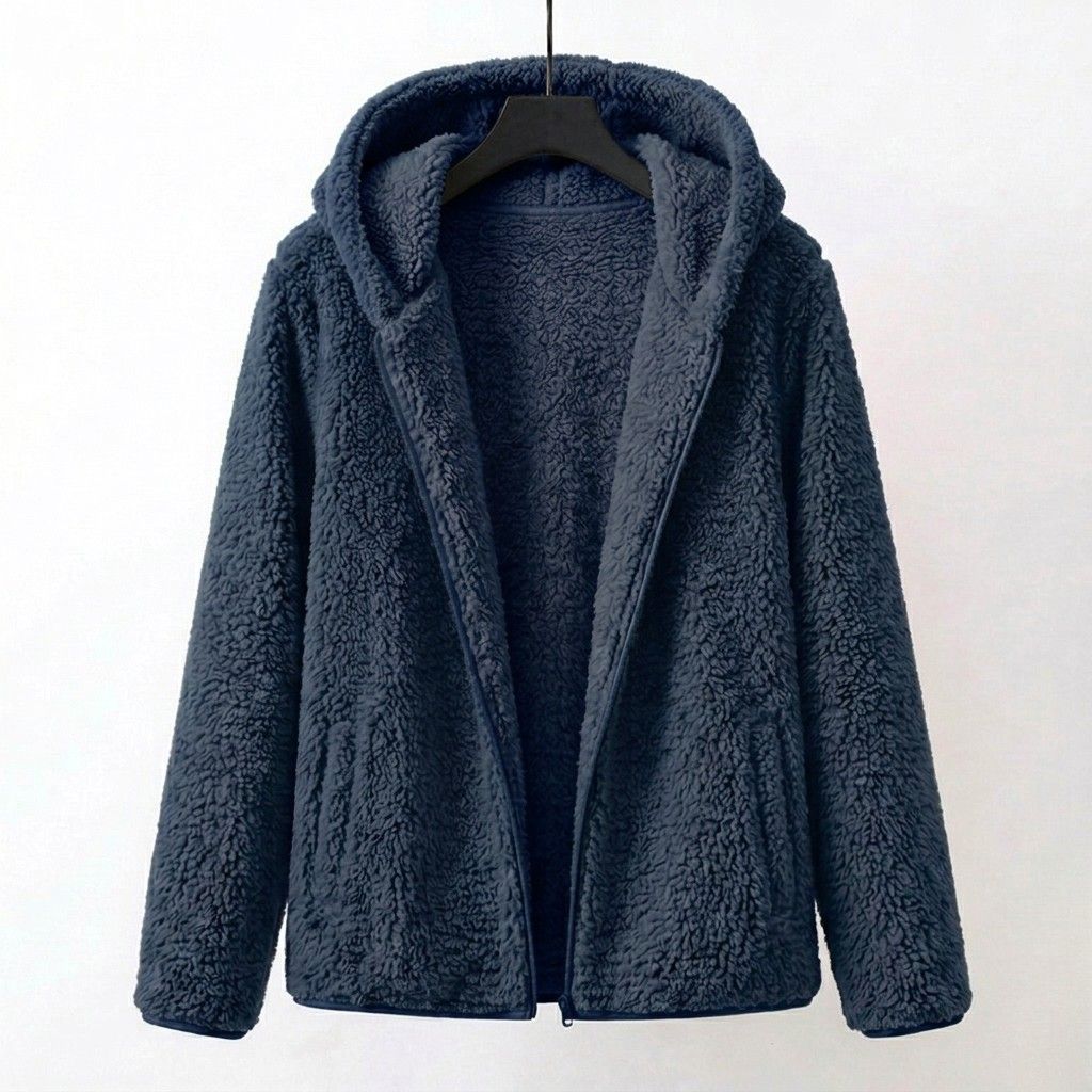 Raina hooded sherpa coat in plush teddy fleece with relaxed long-line fit