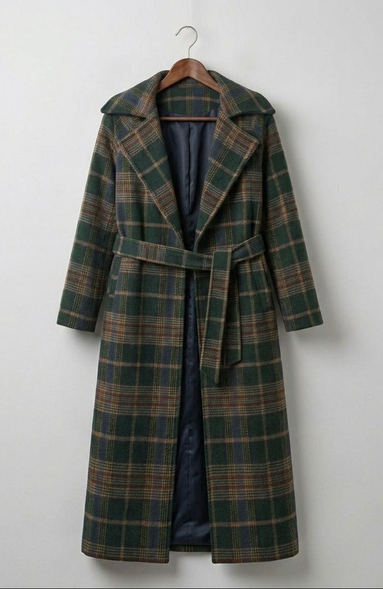 Forest green check longline coat with notch lapels and metallic buttons