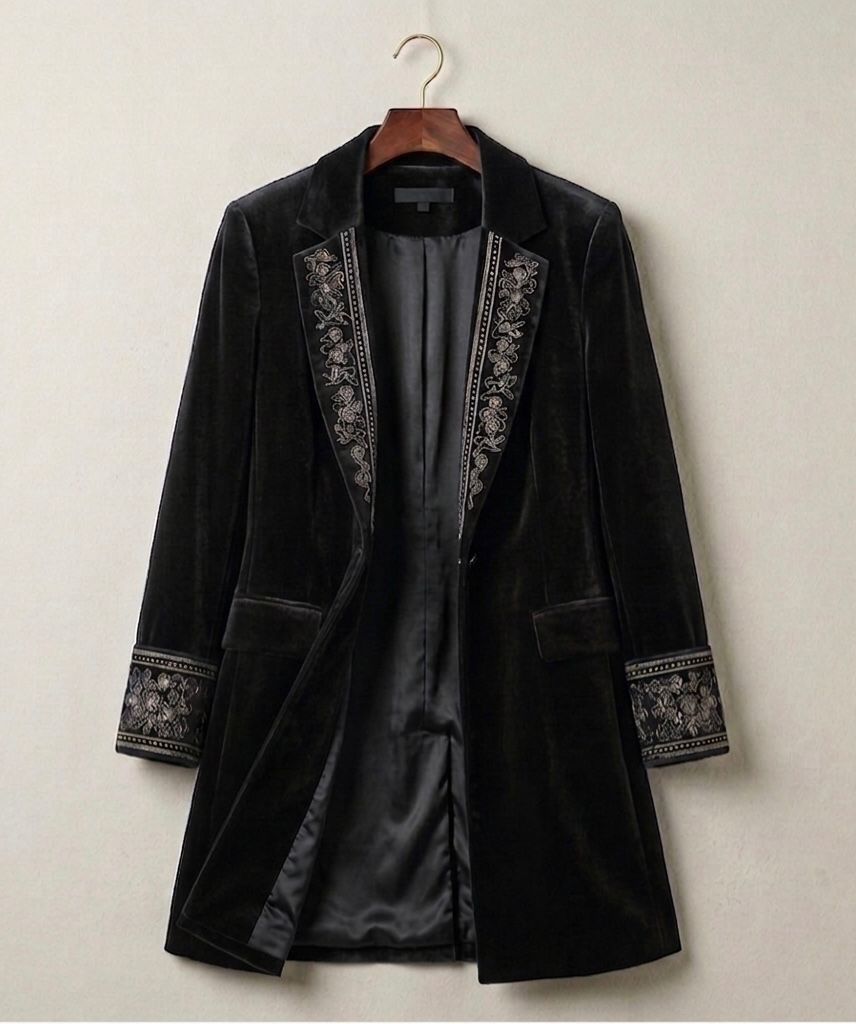 Elise velvet statement blazer with tailored waist, shown in navy, black and berry red
