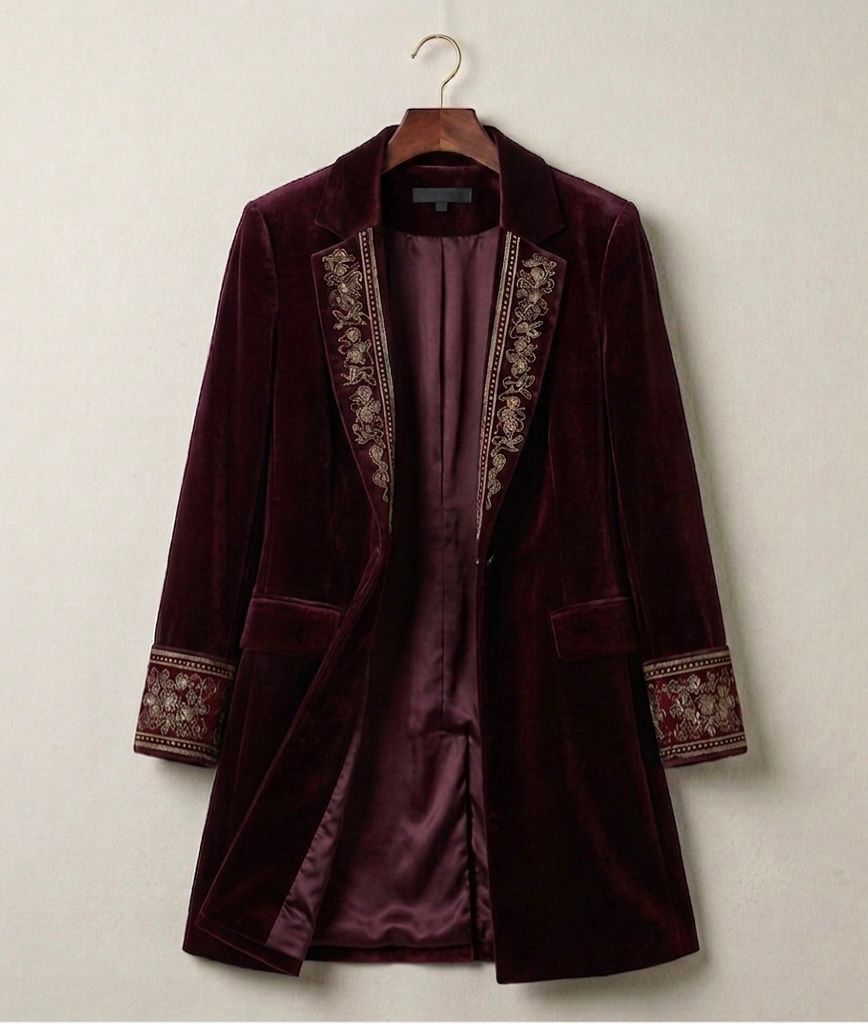 Elise velvet statement blazer with tailored waist, shown in navy, black and berry red