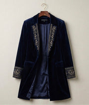 Elise velvet statement blazer with tailored waist, shown in navy, black and berry red