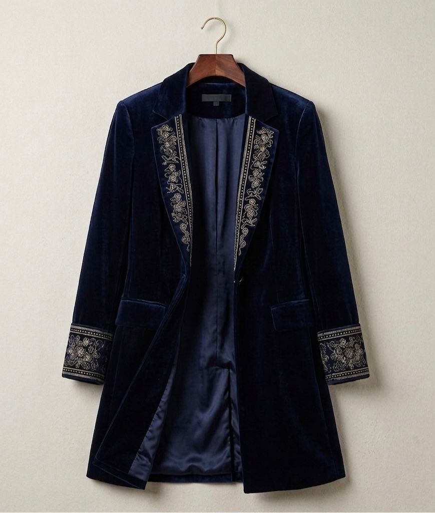 Elise velvet statement blazer with tailored waist, shown in navy, black and berry red