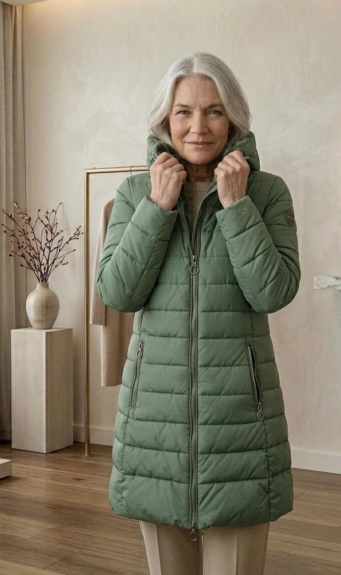 Olivia quilted A-line winter coat with sherpa-lined removable hood in green and black