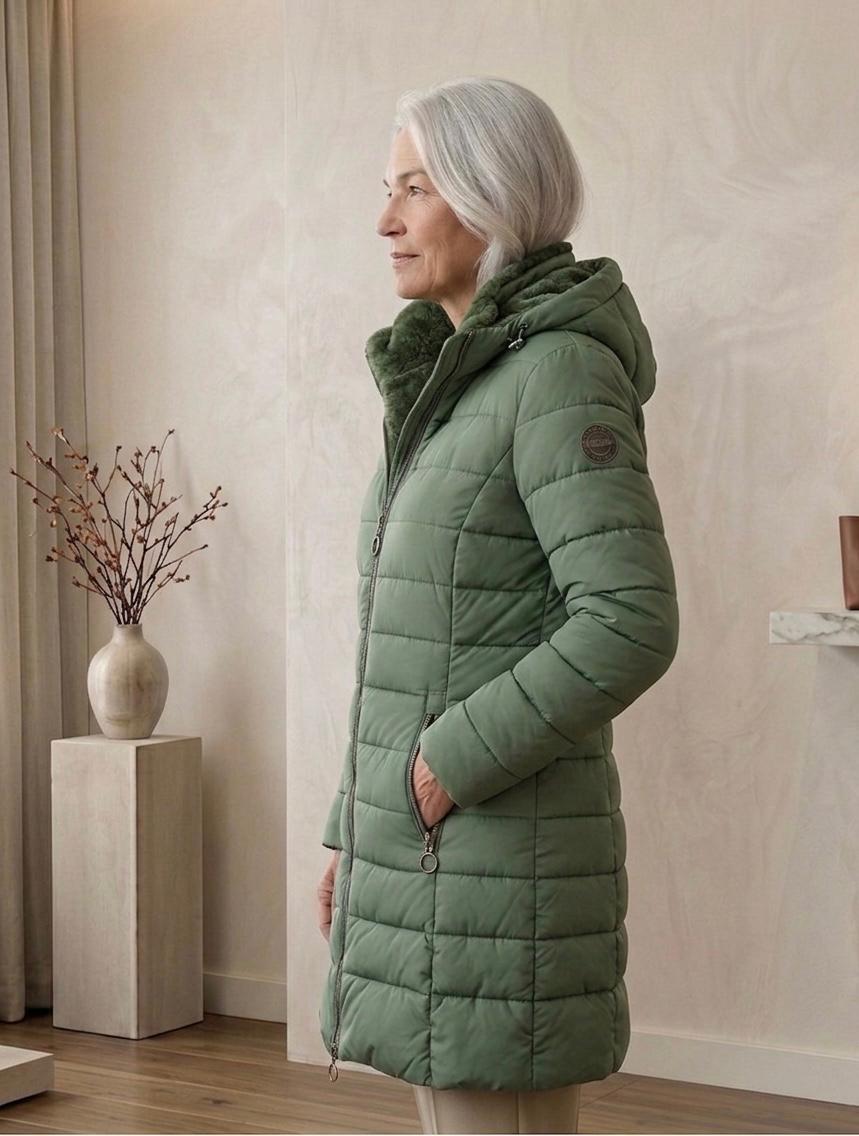 Olivia quilted A-line winter coat with sherpa-lined removable hood in green and black