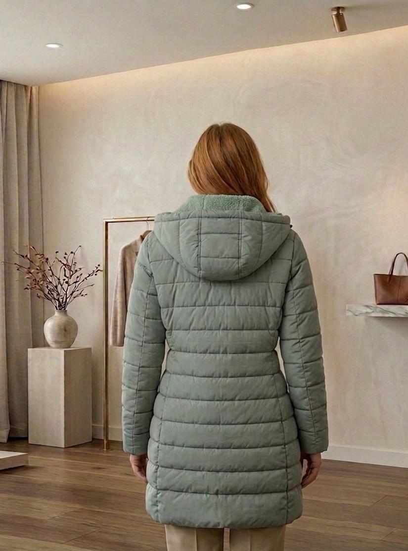 Olivia quilted A-line winter coat with sherpa-lined removable hood in green and black