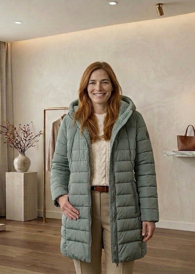 Olivia quilted A-line winter coat with sherpa-lined removable hood in green and black
