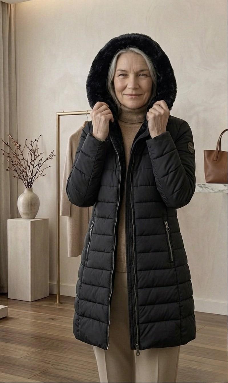 Olivia quilted A-line winter coat with sherpa-lined removable hood in green and black