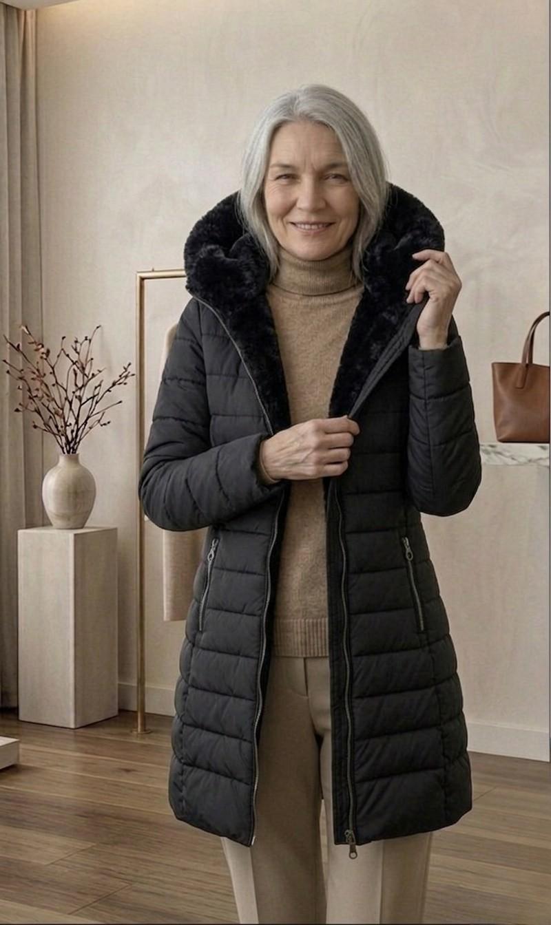 Olivia quilted A-line winter coat with sherpa-lined removable hood in green and black